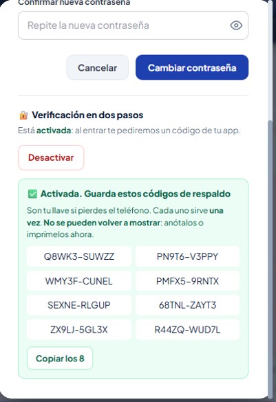Los ocho códigos de respaldo que se muestran al activar la verificación en dos pasos