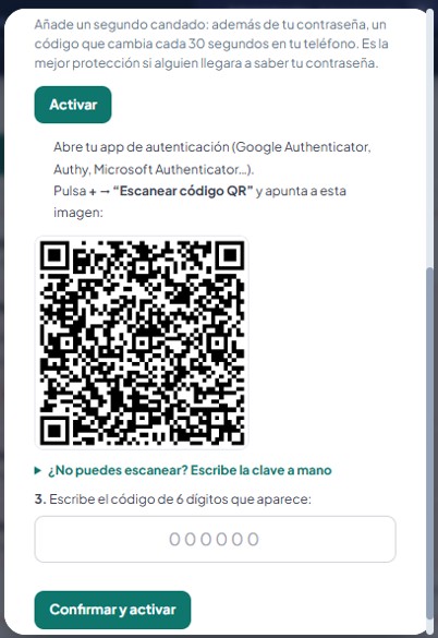 Asistente de activación de la verificación en dos pasos con el código QR
