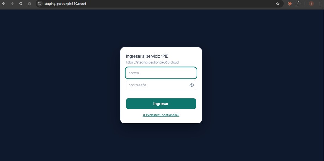 Pantalla de inicio de sesión del sistema PIE