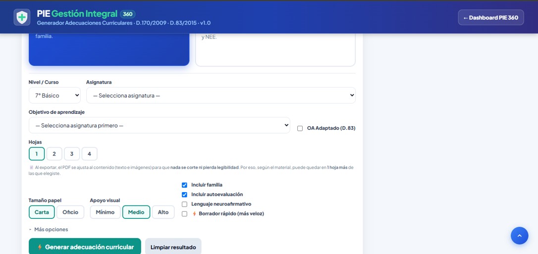 Sub-dashboard Generador de Adecuaciones Curriculares con IA
