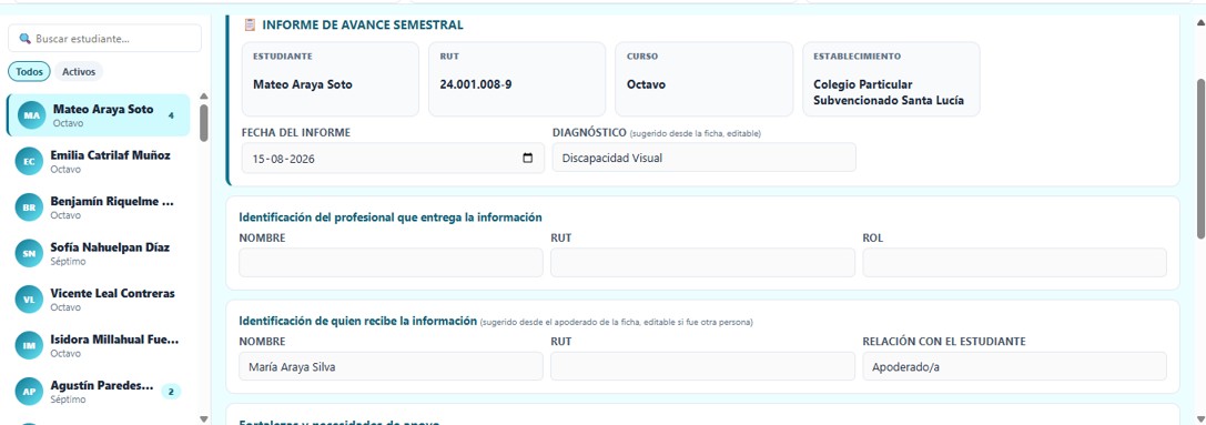 Informes de Avance — formulario tipo Semestral, con diagnóstico y apoderado autocompletados