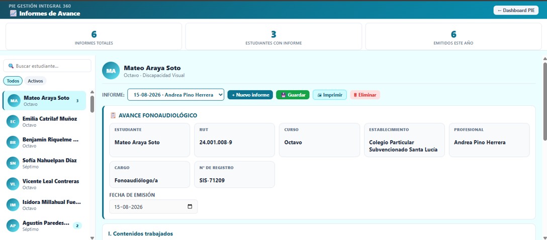 Sub-dashboard Informes de Avance, con la lista de informes del estudiante