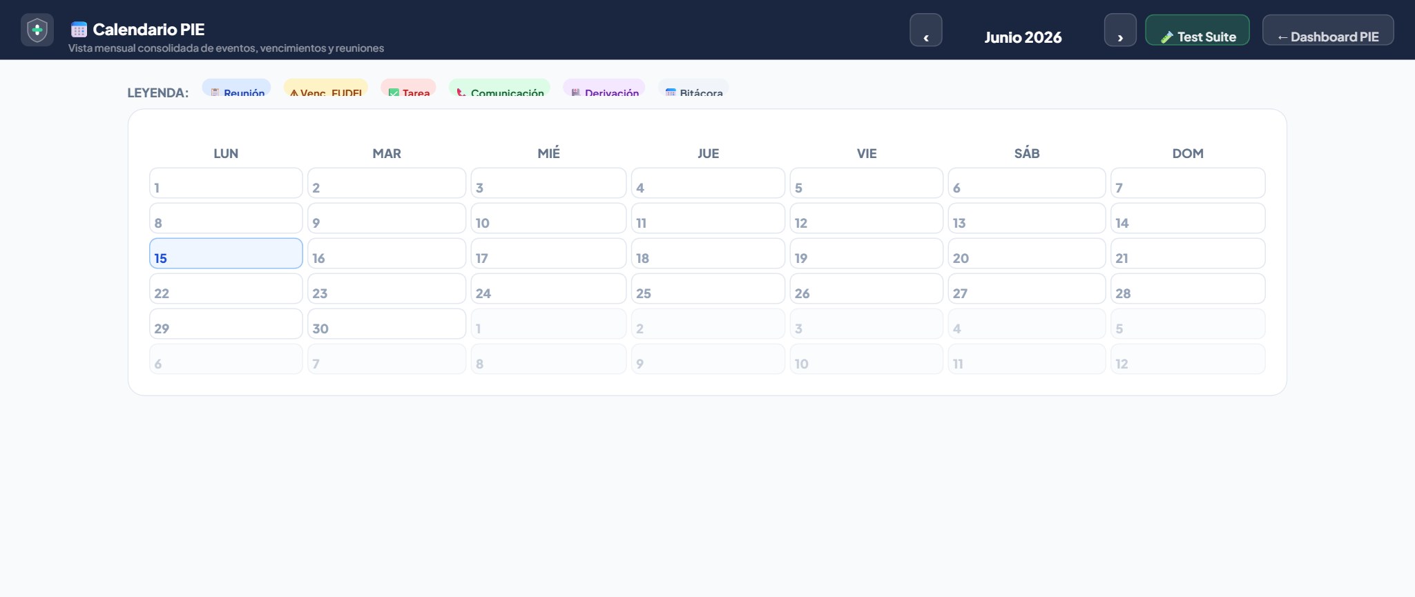 Sub-dashboard Calendario PIE vista mensual