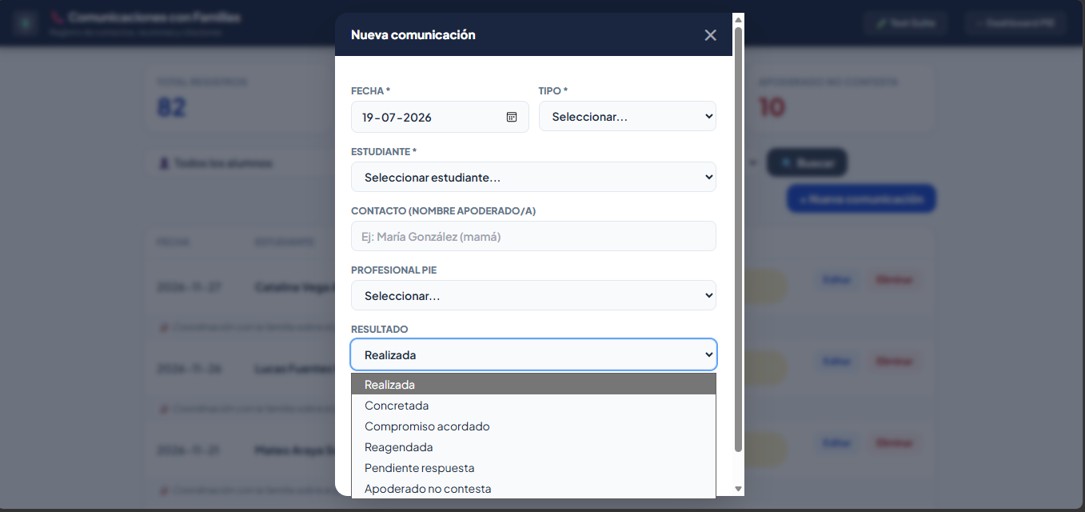 Comunicaciones con Familias — formulario de nueva comunicación