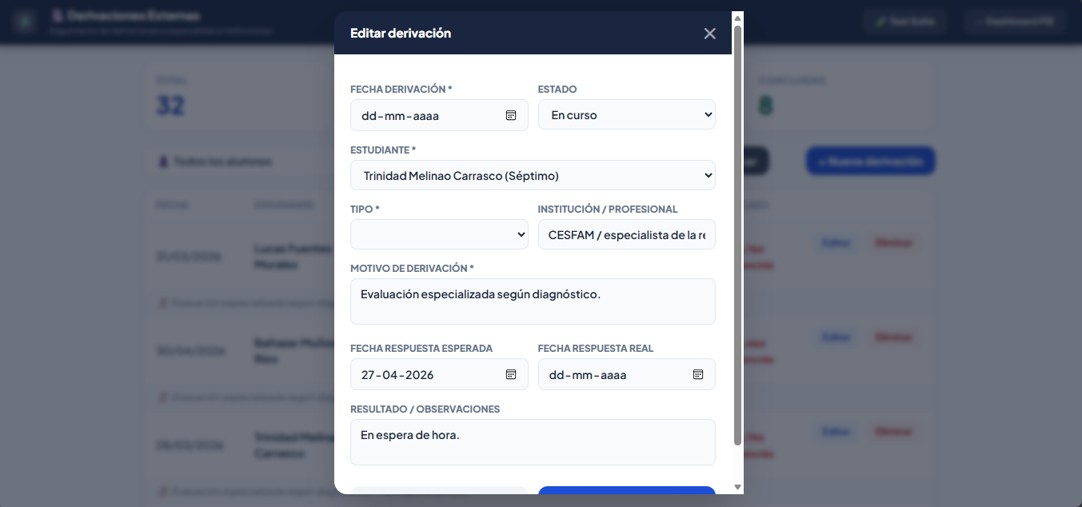 Derivaciones Externas — registro y estados de una derivación