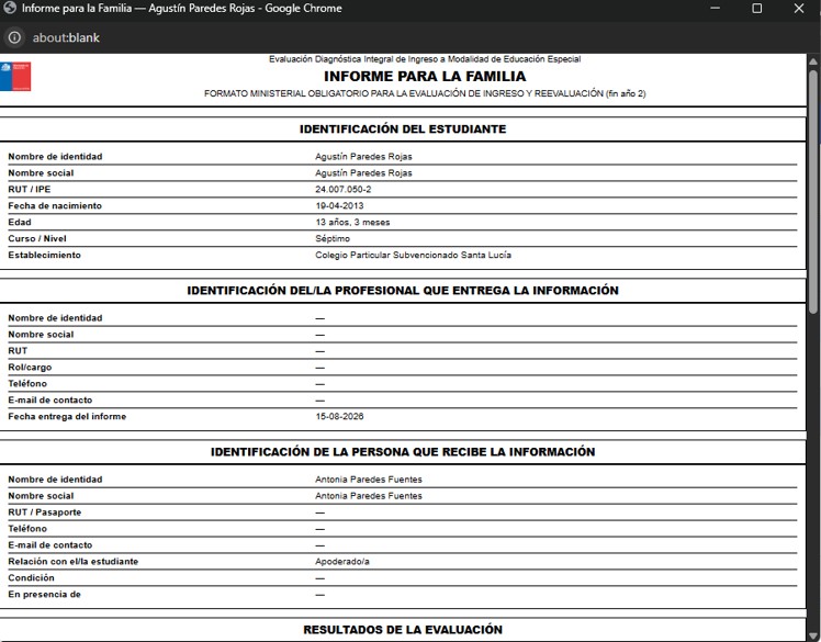 Informe Familia Ministerial — documento impreso oficial con el logo del Ministerio