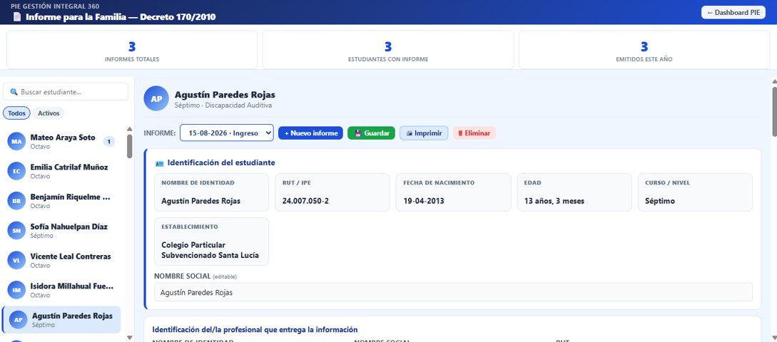 Sub-dashboard Informe Familia Ministerial, con la identificación del estudiante