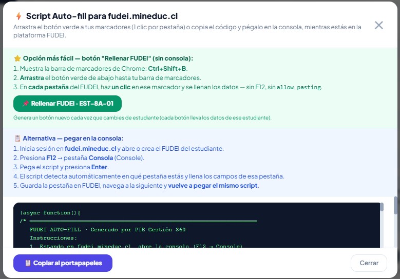 Modal del script con el bookmarklet arrastrable y el código para consola