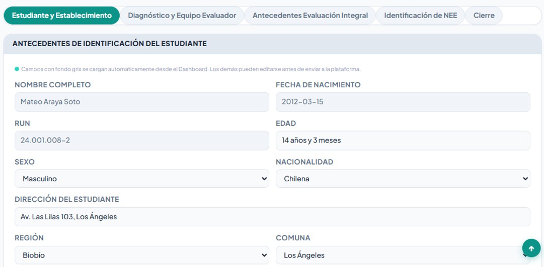 Pestaña 1 del FUDEI — Estudiante y Establecimiento