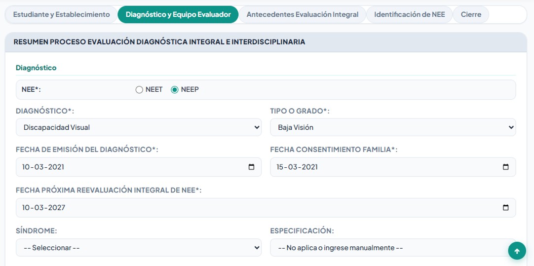 Pestaña 2 del FUDEI — Diagnóstico y Equipo Evaluador