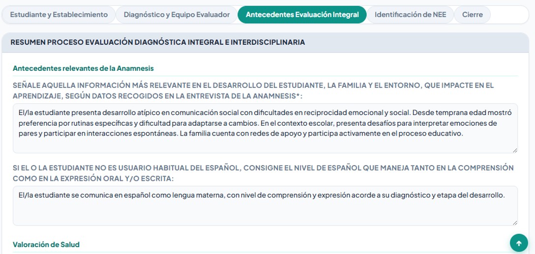 Pestaña 3 del FUDEI — Antecedentes de la Evaluación Integral