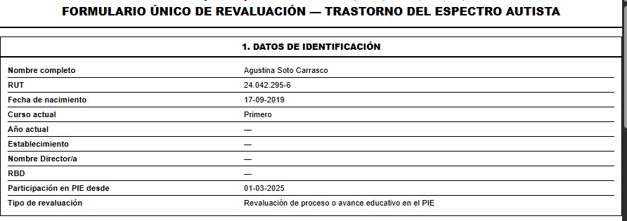 Documento impreso oficial del FUR, primera página con los datos de identificación