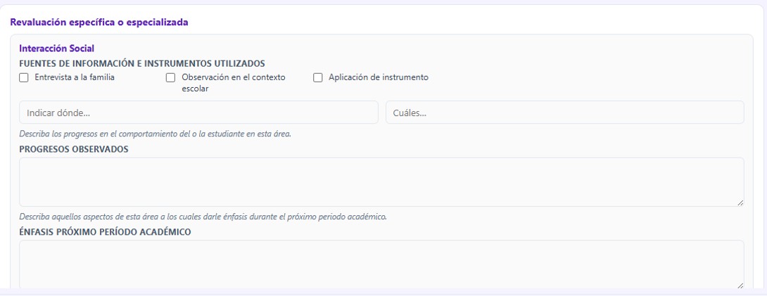 Una de las 8 áreas de la Revaluación Específica de TEA, con fuentes de información y progresos/énfasis