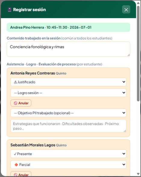 Modal Registrar sesión de la Bitácora
