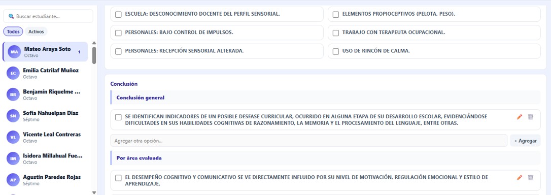 Informe Psicopedagógico — pestaña Síntesis y Conclusión con checkboxes editables