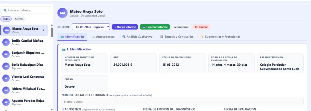 Sub-dashboard Informe de Evaluación Psicopedagógica PIE