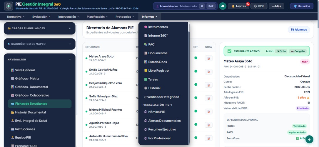 Exportaciones e informes del sistema PIE