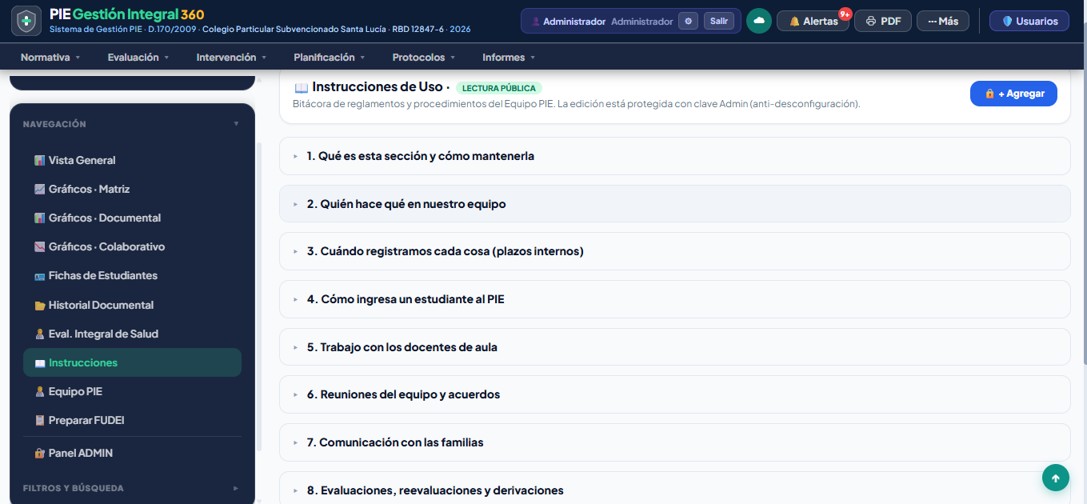 Pestaña Instrucciones de Uso con las fichas de acuerdos