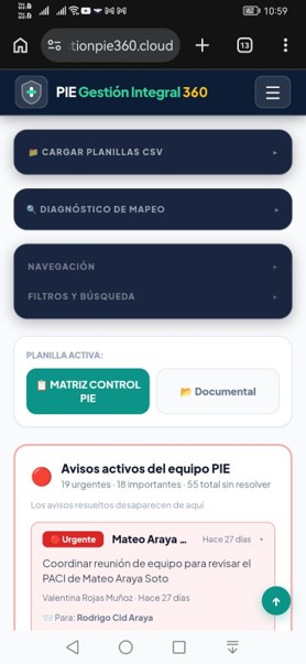 El sistema PIE en un celular, con el menú hamburguesa y las secciones colapsadas