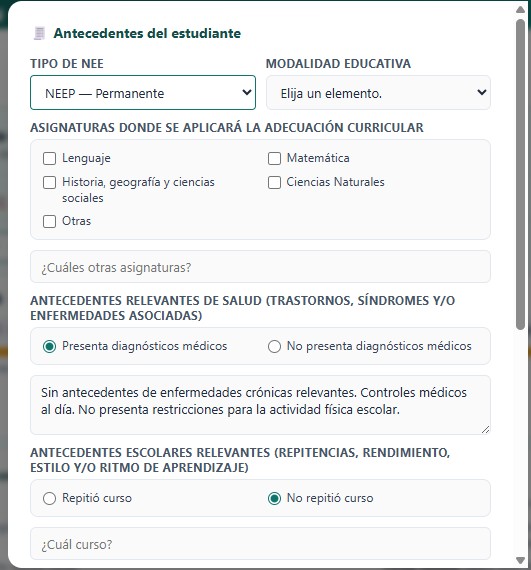 PACI — modal Antecedentes del estudiante con los checklists de asignaturas y el Tipo de NEE