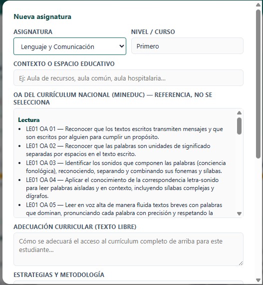 PACI — modal de asignatura con el catálogo de OA del currículum nacional como referencia