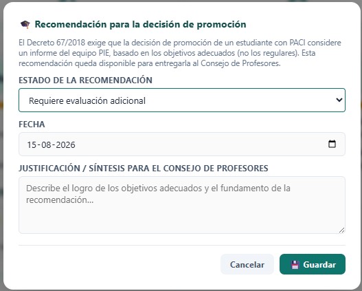 PACI — tarjeta Cierre con la recomendación para la decisión de promoción