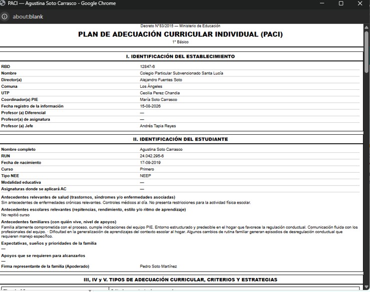 PACI — documento impreso oficial con las 11 secciones romanas