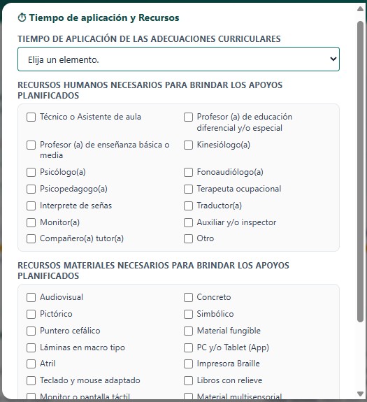 PACI — modal Tiempo/Recursos con los checklists de recursos humanos y materiales