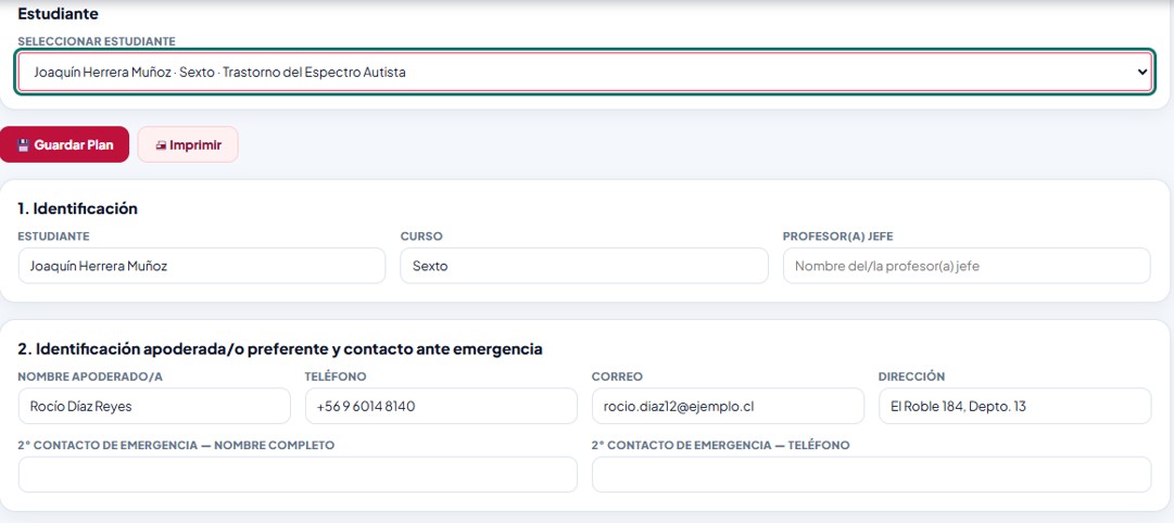 Sub-dashboard PAEC — Secciones 1 y 2, Identificación y Apoderado