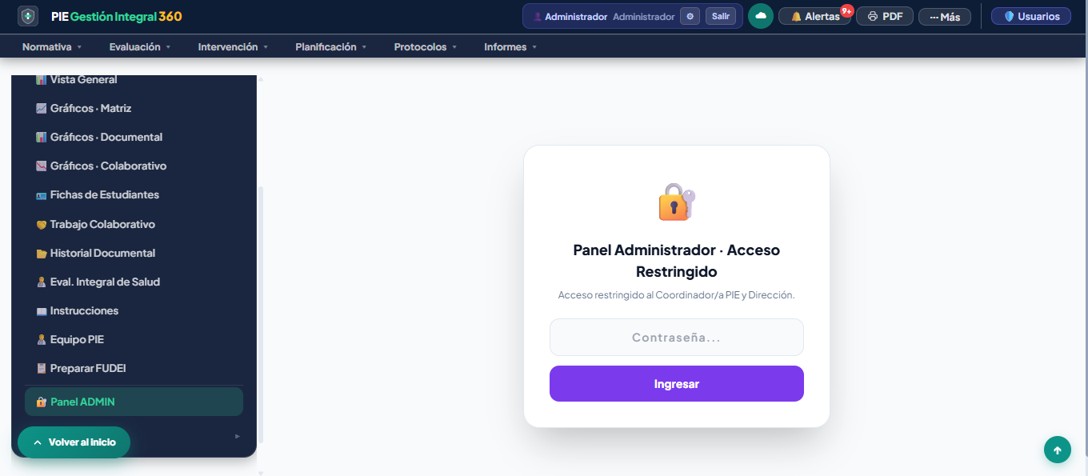 Panel ADMIN del dashboard PIE