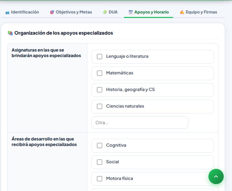 PAI — pestaña Apoyos y Horario con la tabla Organización de los apoyos especializados