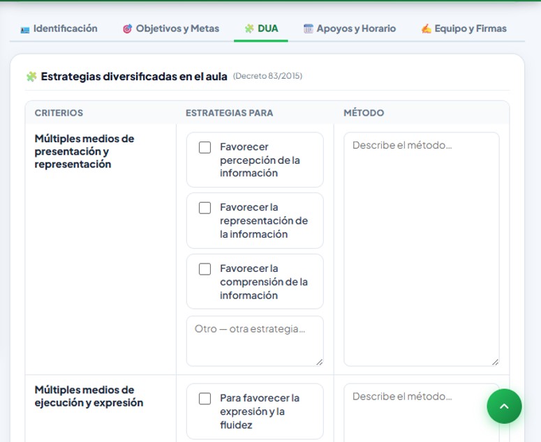 PAI — pestaña DUA con la tabla de Criterios, Estrategias para y Método