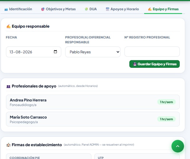 PAI — pestaña Equipo y Firmas con Profesor(a) Diferencial y Coordinación/UTP/Dirección