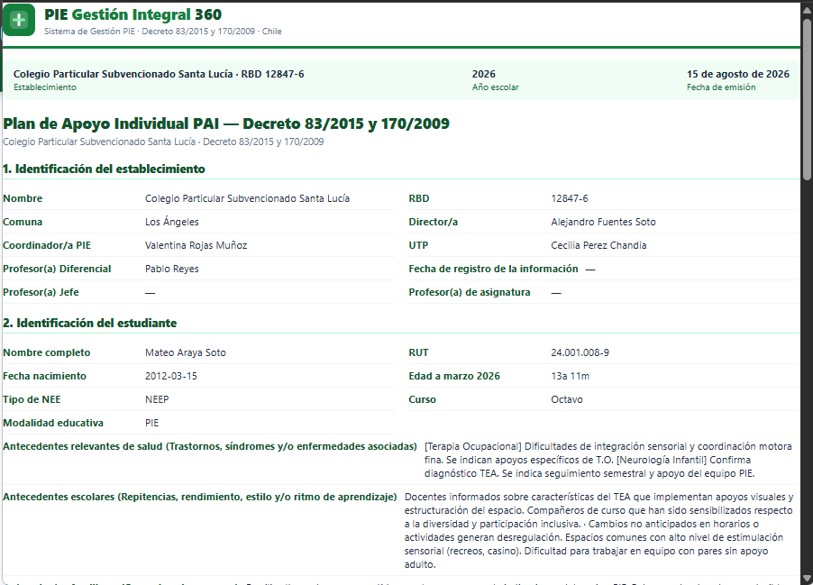 PAI — documento impreso oficial con las 5 secciones resueltas