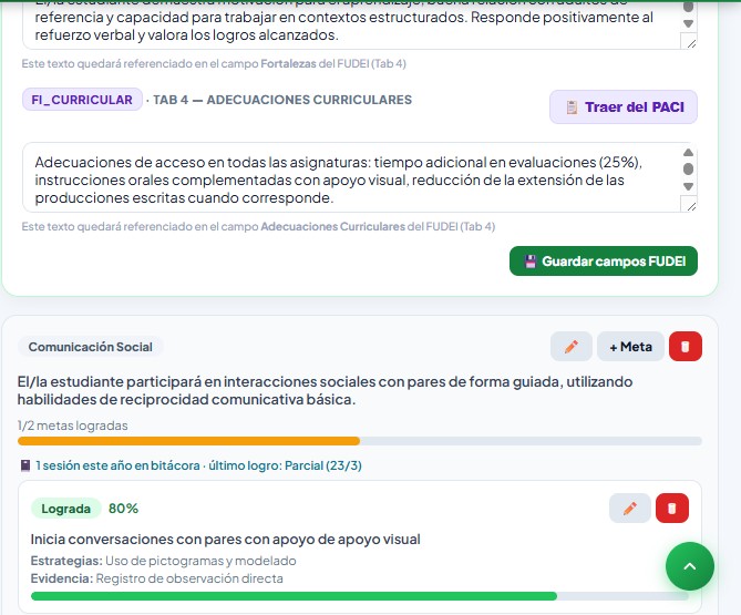 PAI — un objetivo con su meta, evidencia y el botón Traer del PACI del Vínculo FUDEI