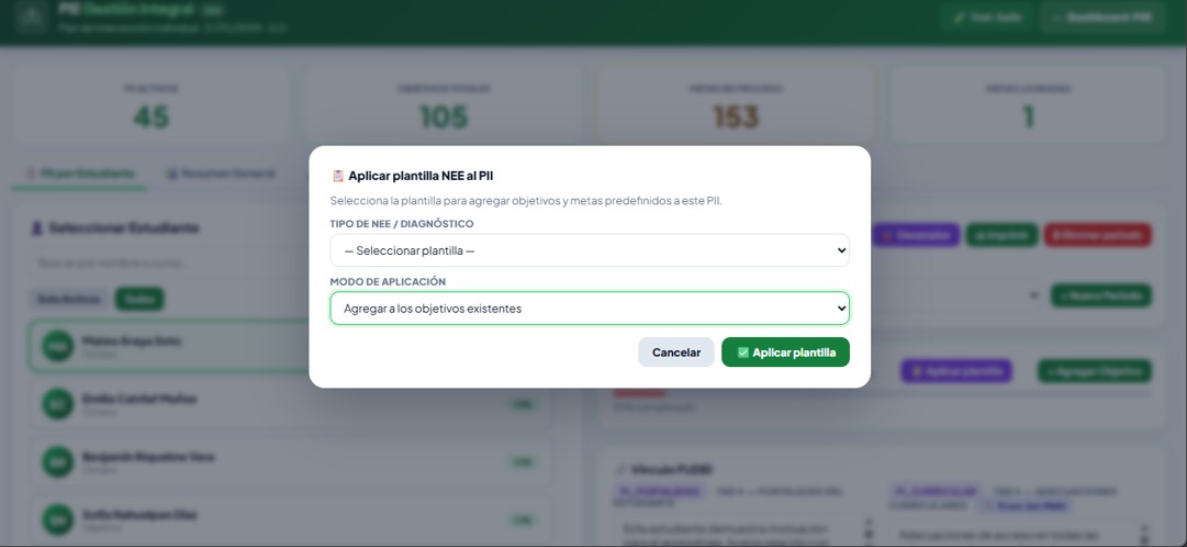 PAI — aplicar plantilla de objetivos según el diagnóstico (NEE)