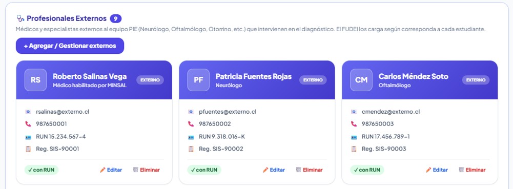 Modal de Profesionales Externos con tarjetas de médicos especialistas