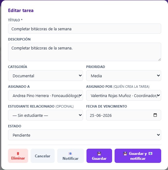 Formulario de edición de una tarea